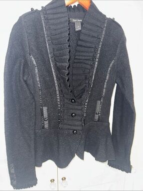 White House Black Market Wool Black Ruffled Shawl Collar Cardigan Size S
